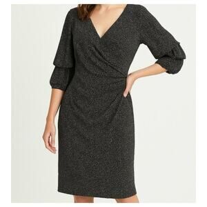 RALPH LAUREN Dress Faux Wrap V-neck Ruching 3/4 Sleeves Polka Dot WHTBLK  14